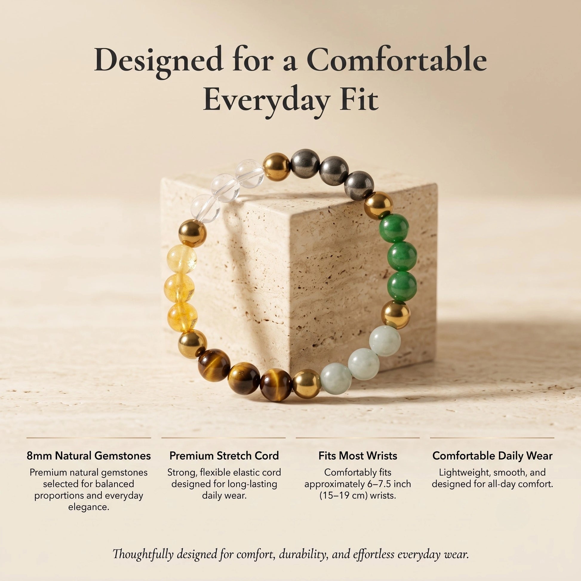 Dhan Yog Bracelet designed with a durable stretch cord for a secure and comfortable everyday fit.