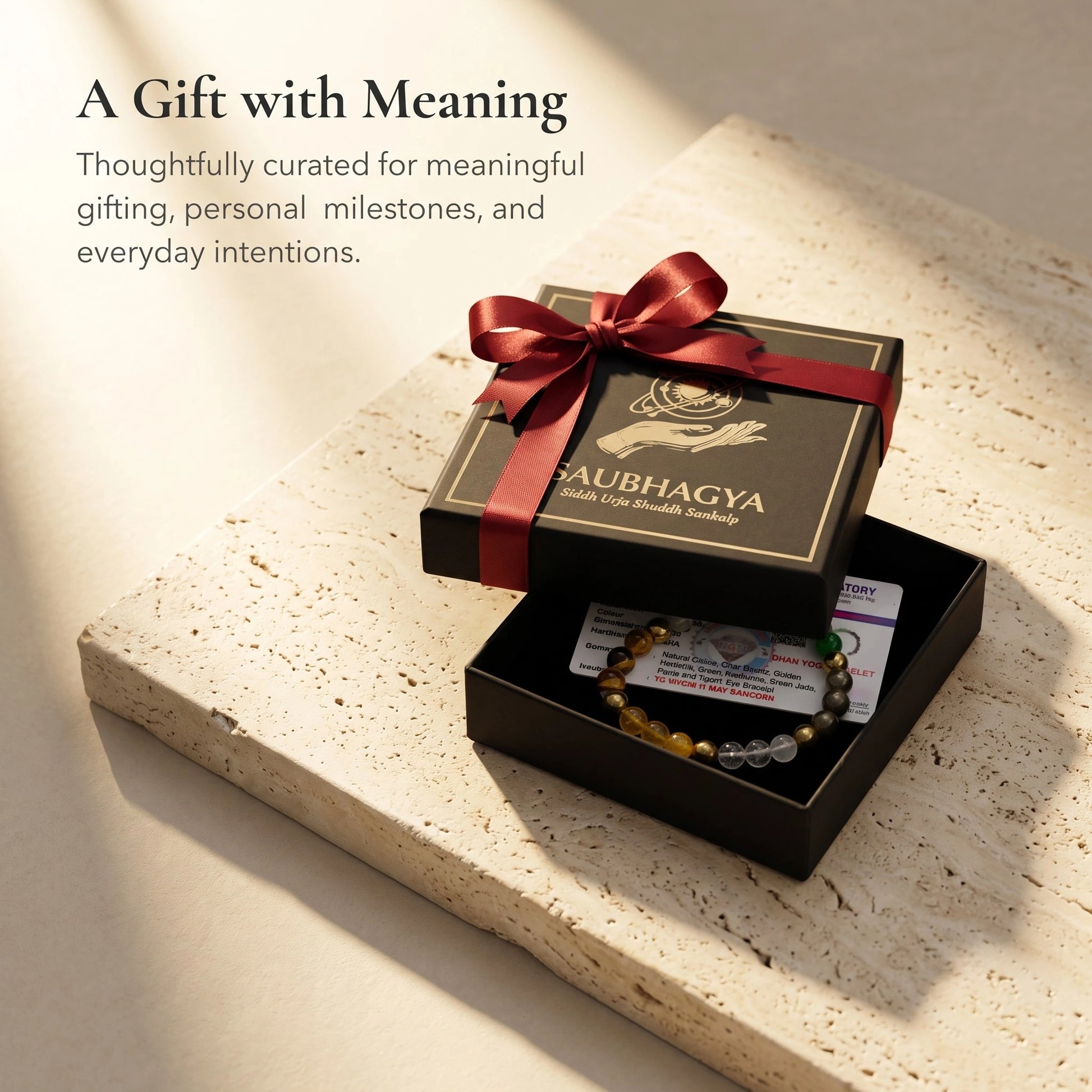Premium gift presentation of the Dhan Yog Bracelet in luxury packaging for meaningful gifting.