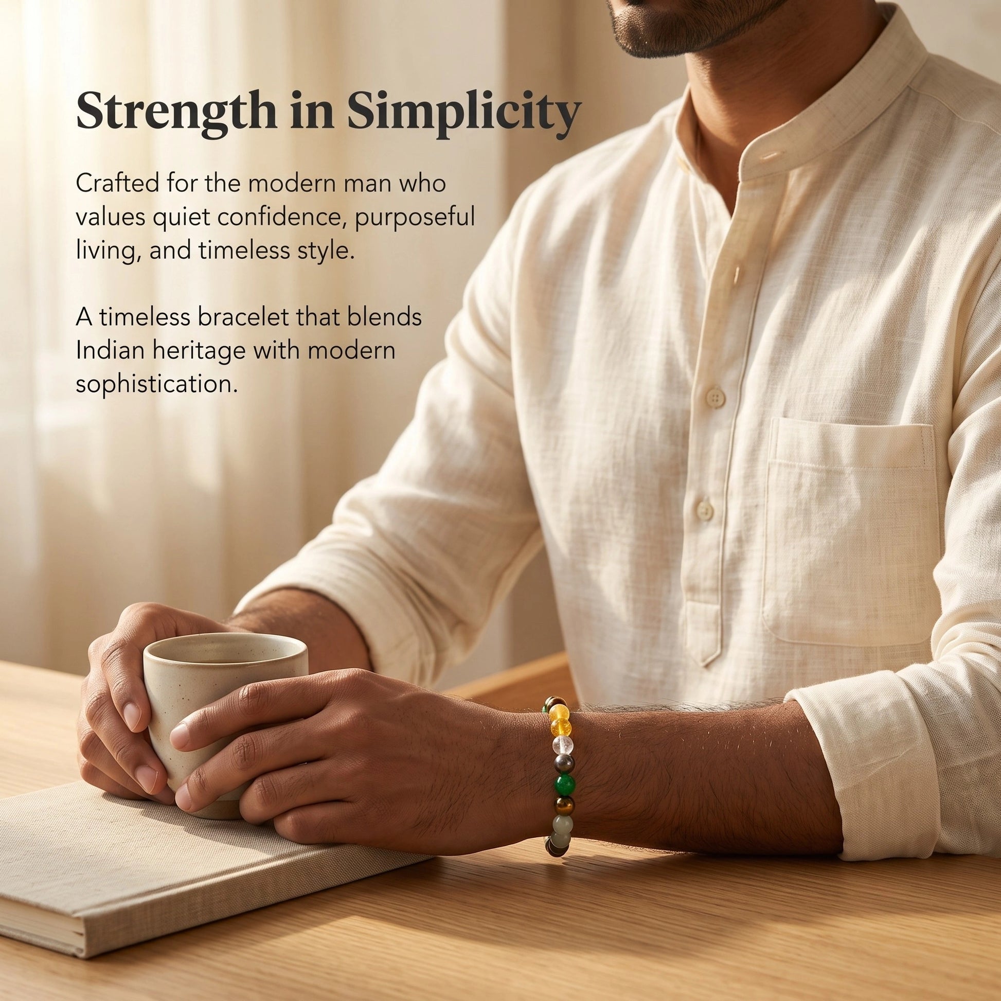 Traditional men's styling featuring the Dhan Yog Bracelet crafted with natural gemstones.