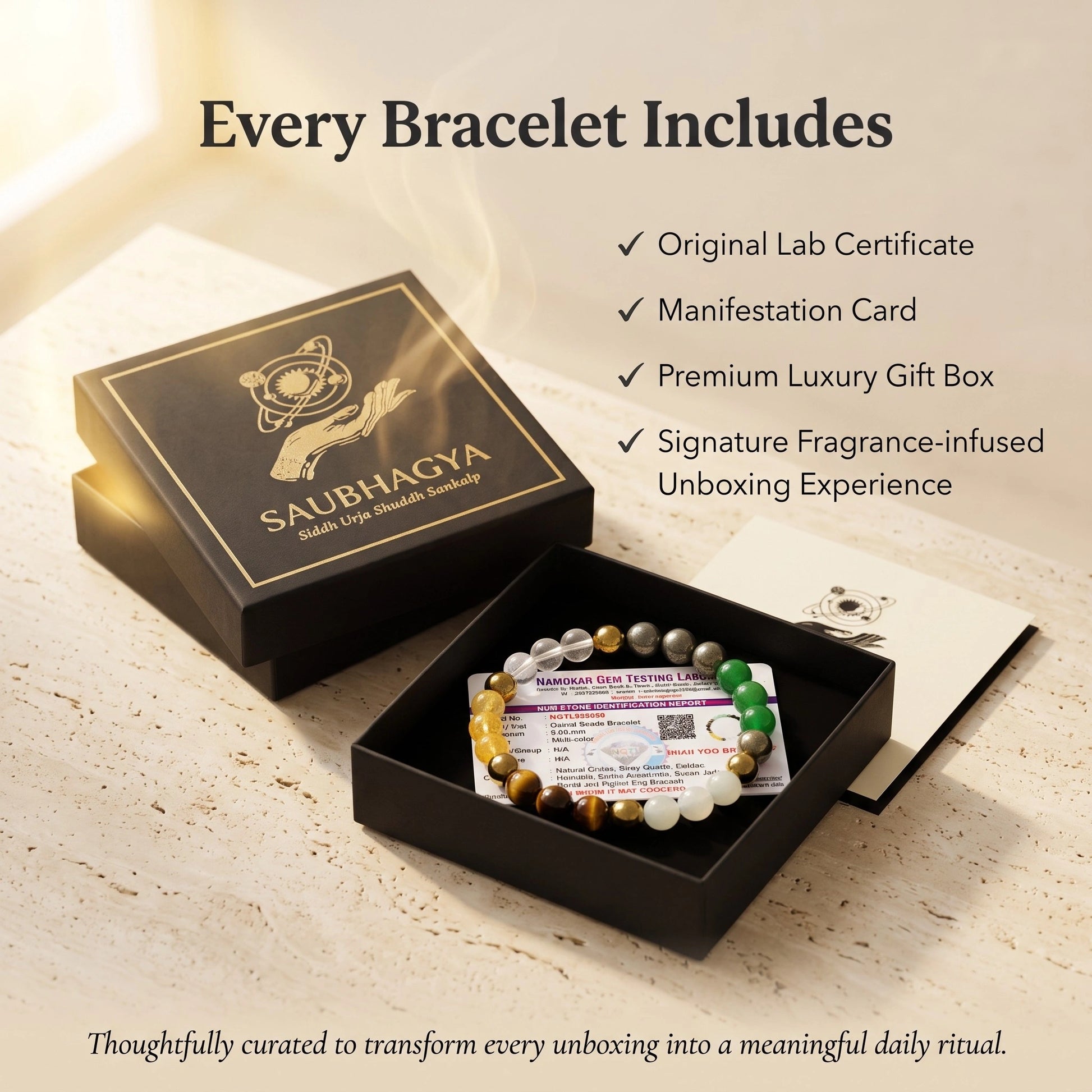 Dhan Yog Bracelet with premium gift box, Certificate of Authenticity and manifestation card.
