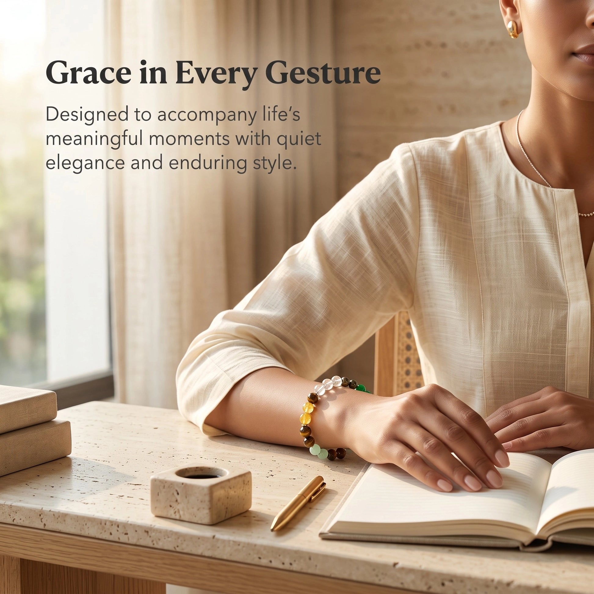 Traditional women's styling featuring the Dhan Yog Bracelet crafted with natural gemstones.