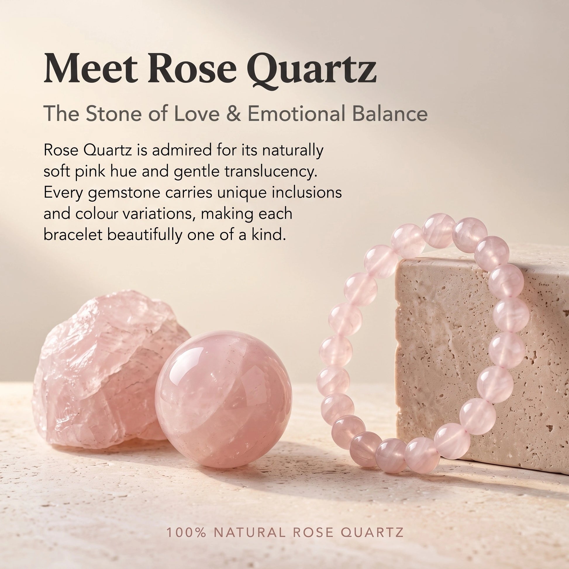 Natural Rose Quartz gemstone used in the Rose Quartz Bracelet with premium craftsmanship and authentic stone details.