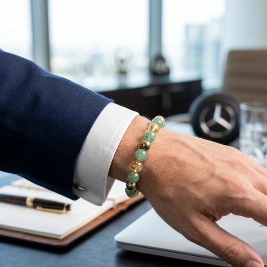 "Close-up of a professional wearing an 8mm Dhan Yog crystal bracelet made of green aventurine, citrine, and pyrite. The person is wearing a crisp shirt and tailored blazer, with a blurred modern office setting in the background."
