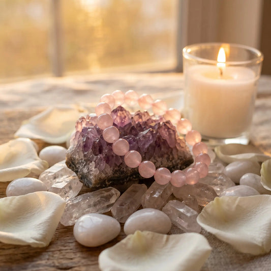 "A premium 8mm natural rose quartz healing bracelet resting peacefully on a raw amethyst cluster. The sacred scene is beautifully decorated with clear quartz points, smooth white pebbles, and fresh white rose petals, illuminated by a warm, romantic candlelight glow."