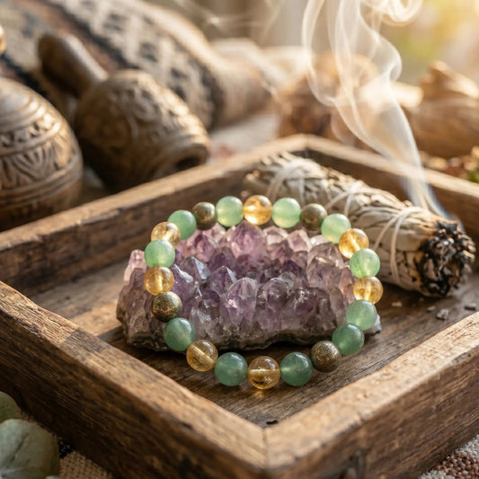 "A premium Dhan Yog crystal bracelet made of 8mm green aventurine, citrine, and pyrite beads resting peacefully on an amethyst crystal cluster. It is placed in a wooden tray surrounded by a sage bundle, palo santo, and gentle cleansing smoke in warm, golden morning light."