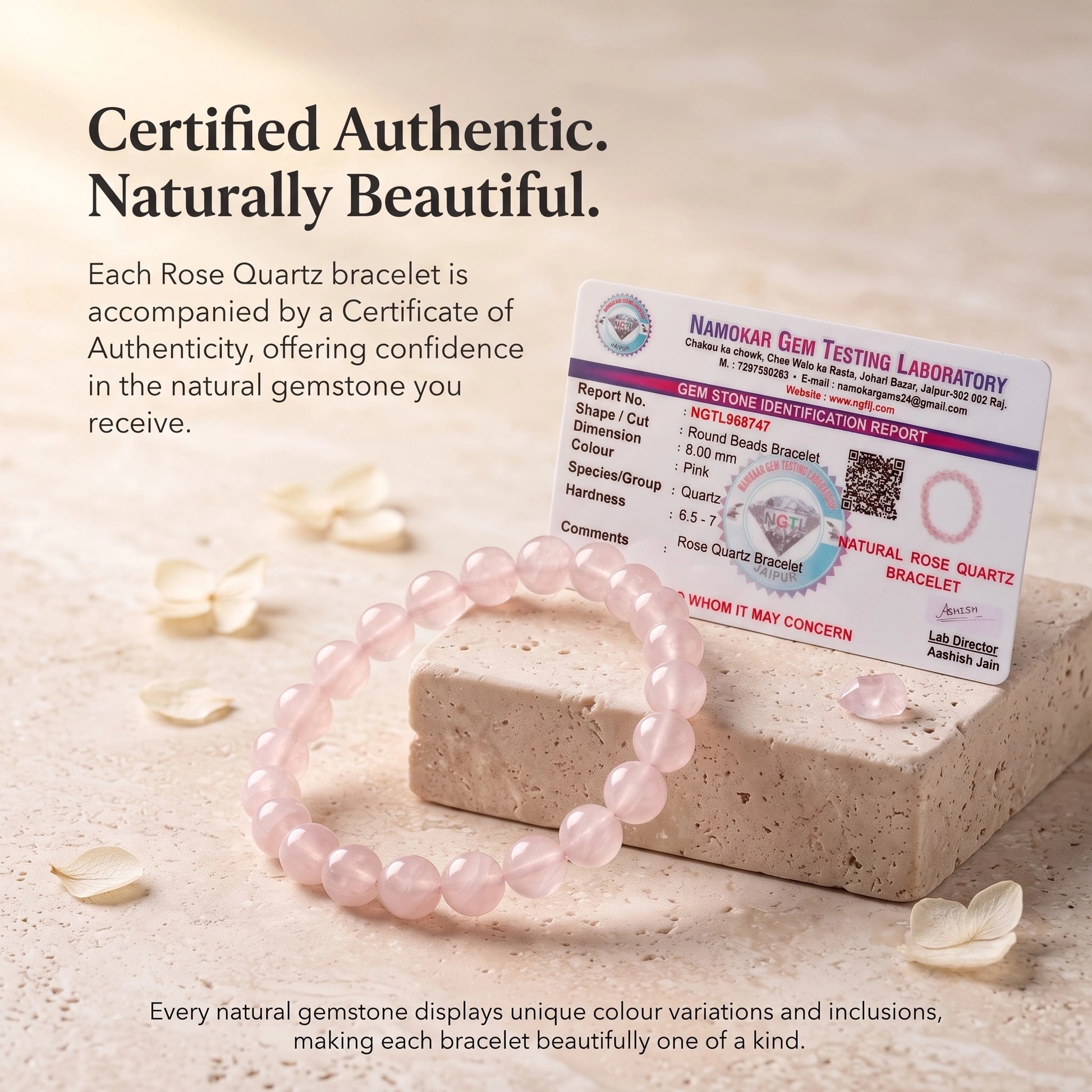 Rose Quartz Bracelet displayed with its Certificate of Authenticity in premium jewellery packaging.
