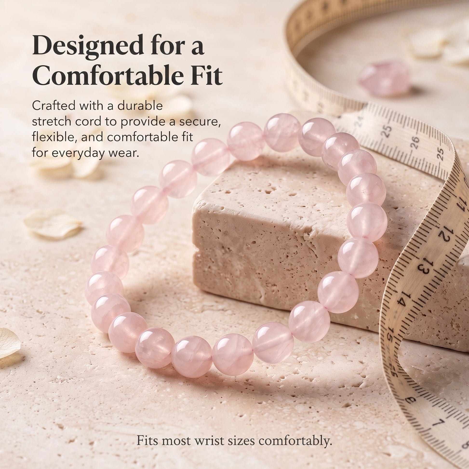 Rose Quartz Bracelet designed with a durable stretch cord for a secure and comfortable everyday fit.