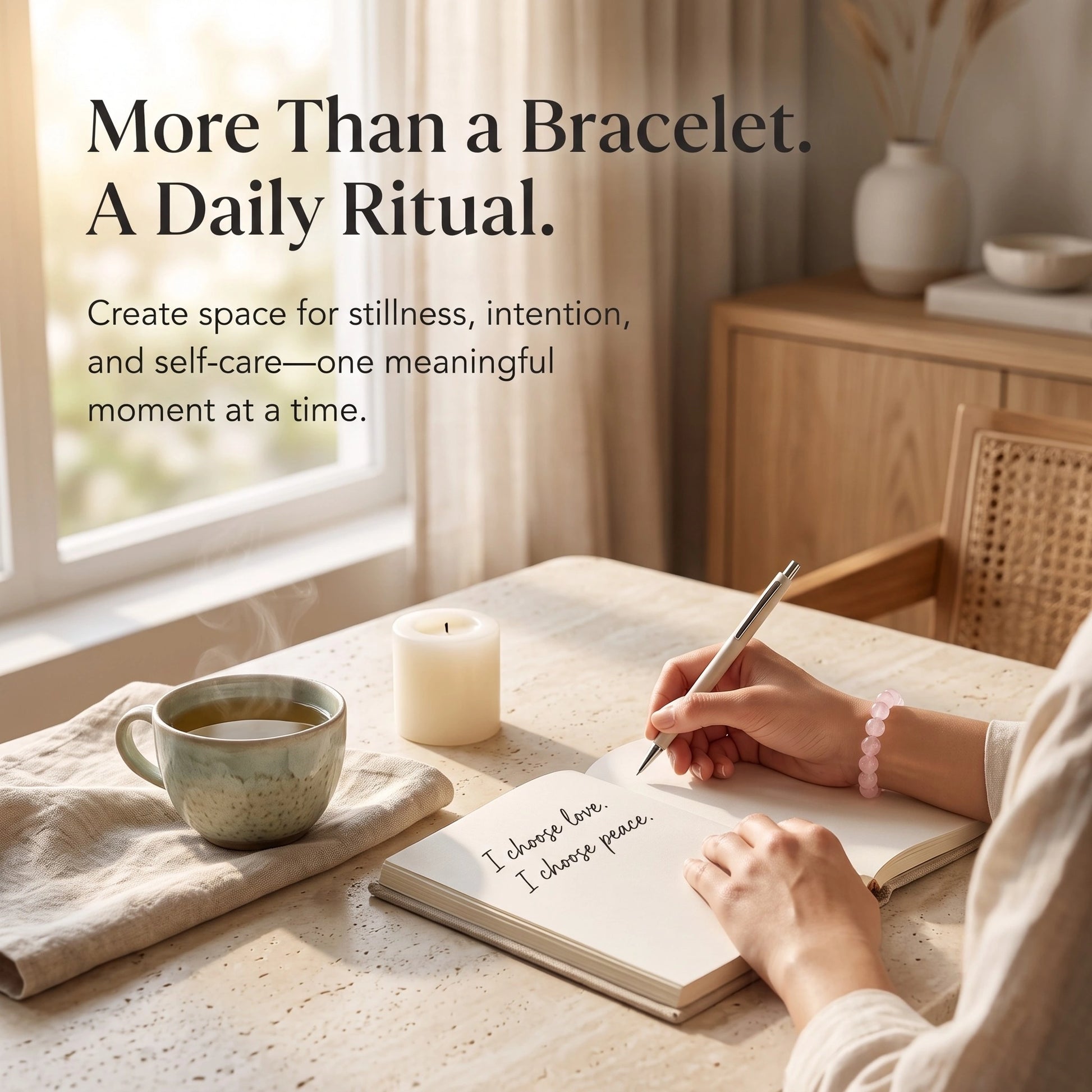 Rose Quartz Bracelet styled as part of a peaceful daily self-care ritual in a luxury lifestyle setting.