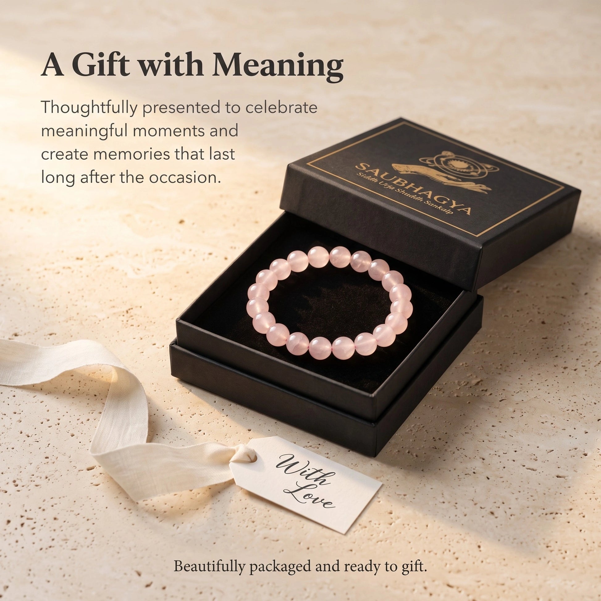 Premium gift presentation of the Natural Rose Quartz Bracelet in elegant luxury packaging.