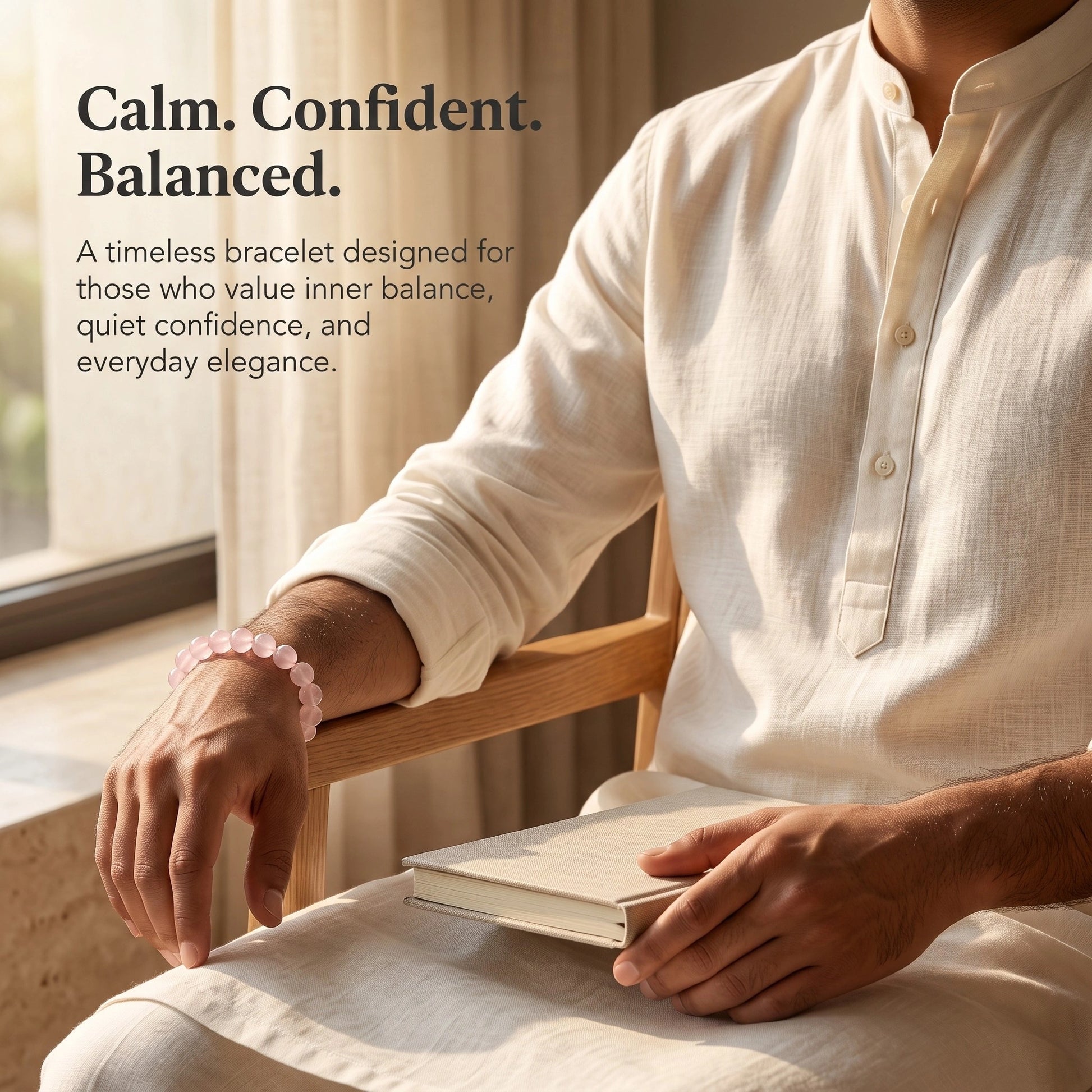 Traditional men's styling featuring the Natural Rose Quartz Bracelet with timeless minimalist elegance.