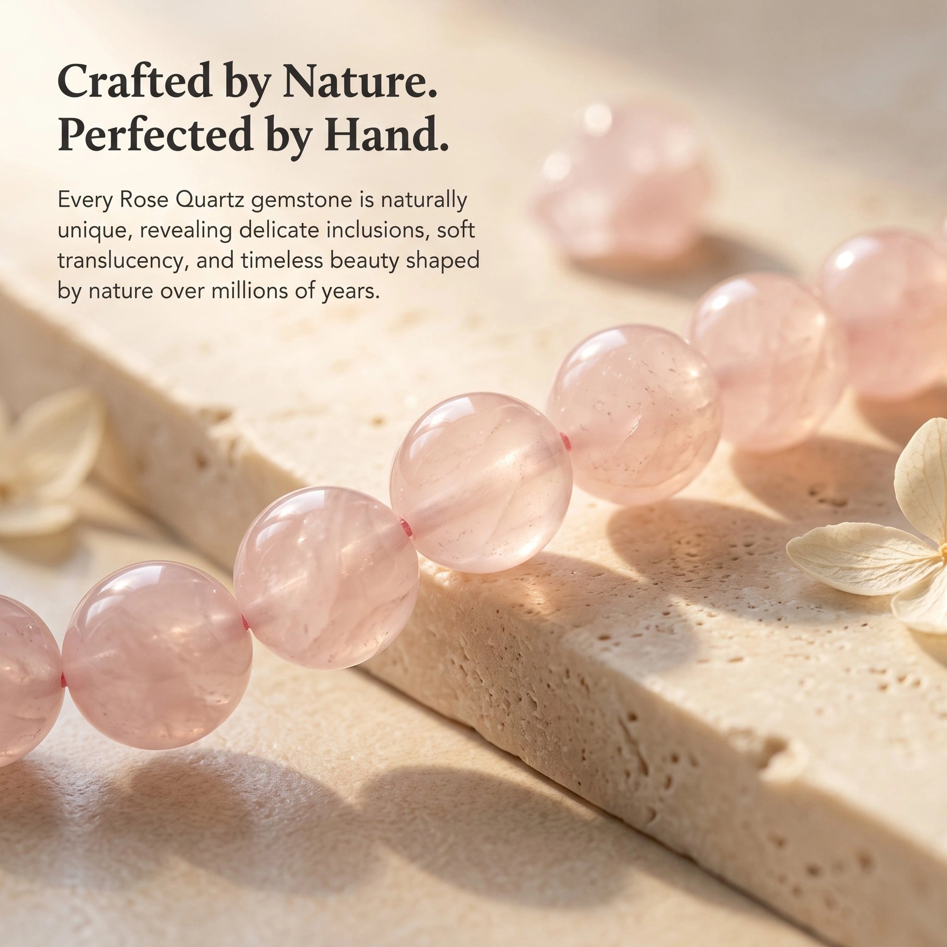 Close-up of the Natural Rose Quartz Bracelet showcasing the soft pink colour, natural translucency and polished gemstone finish.