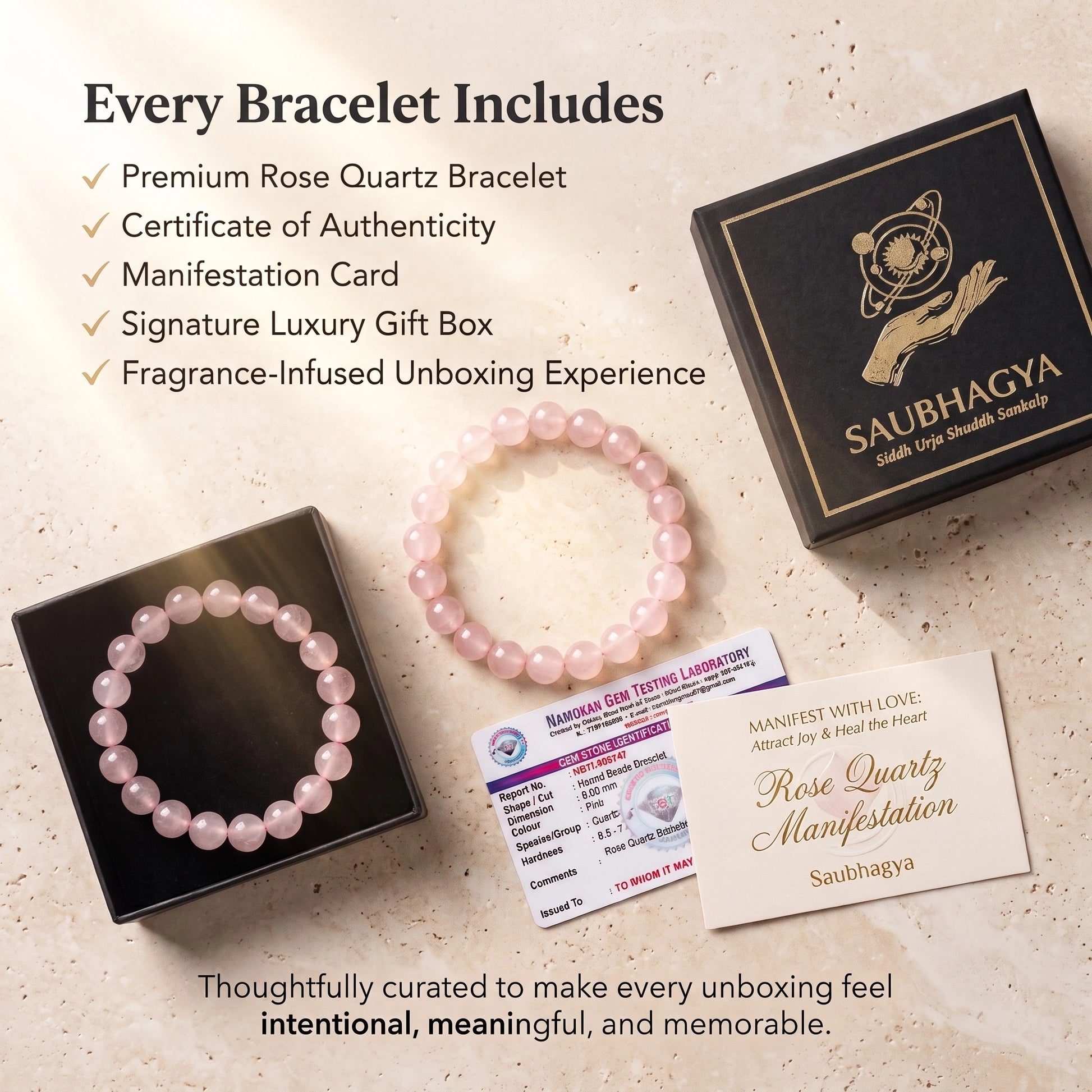 Rose Quartz Bracelet with premium gift box, Certificate of Authenticity and manifestation card.