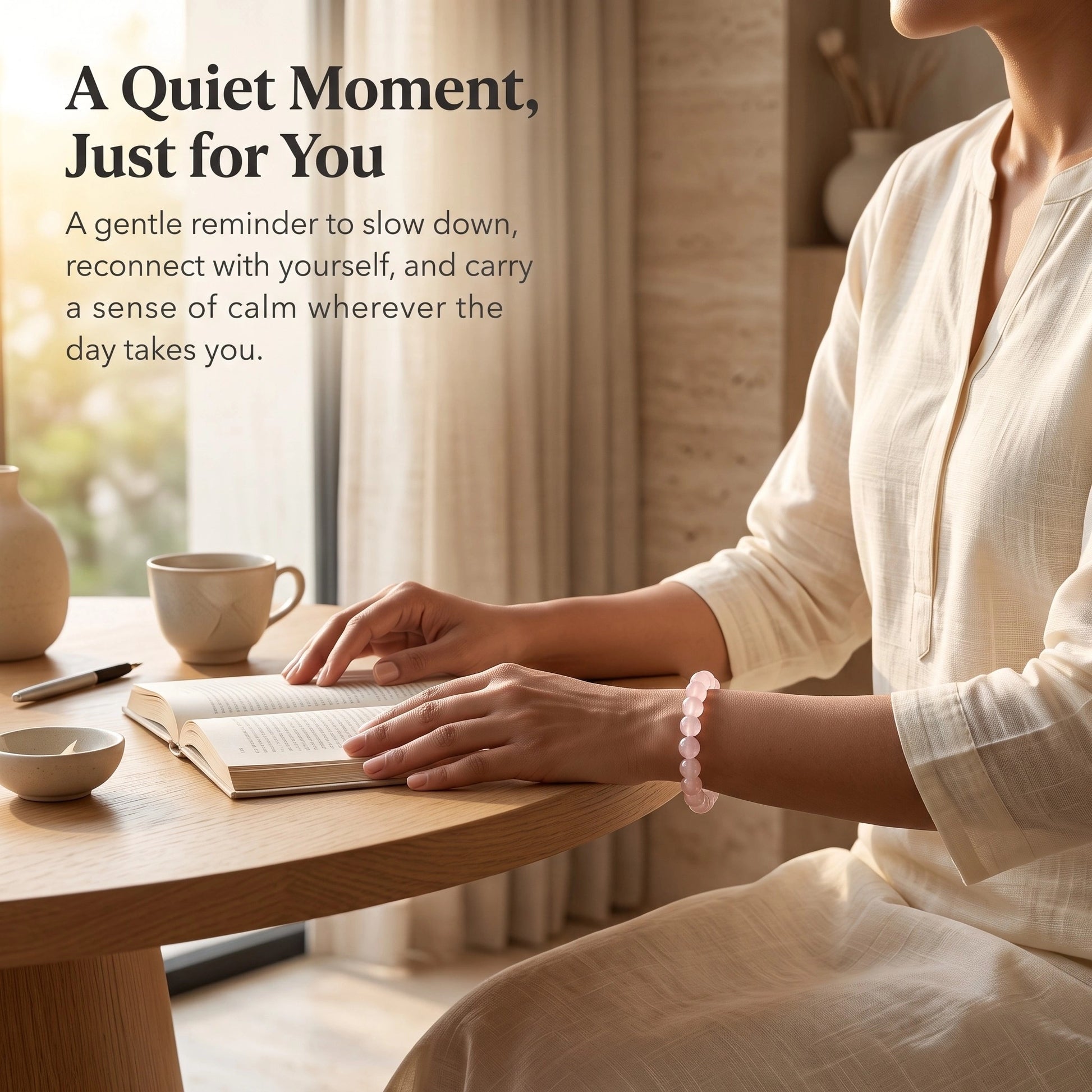 Traditional women's styling featuring the Natural Rose Quartz Bracelet with elegant everyday wear.