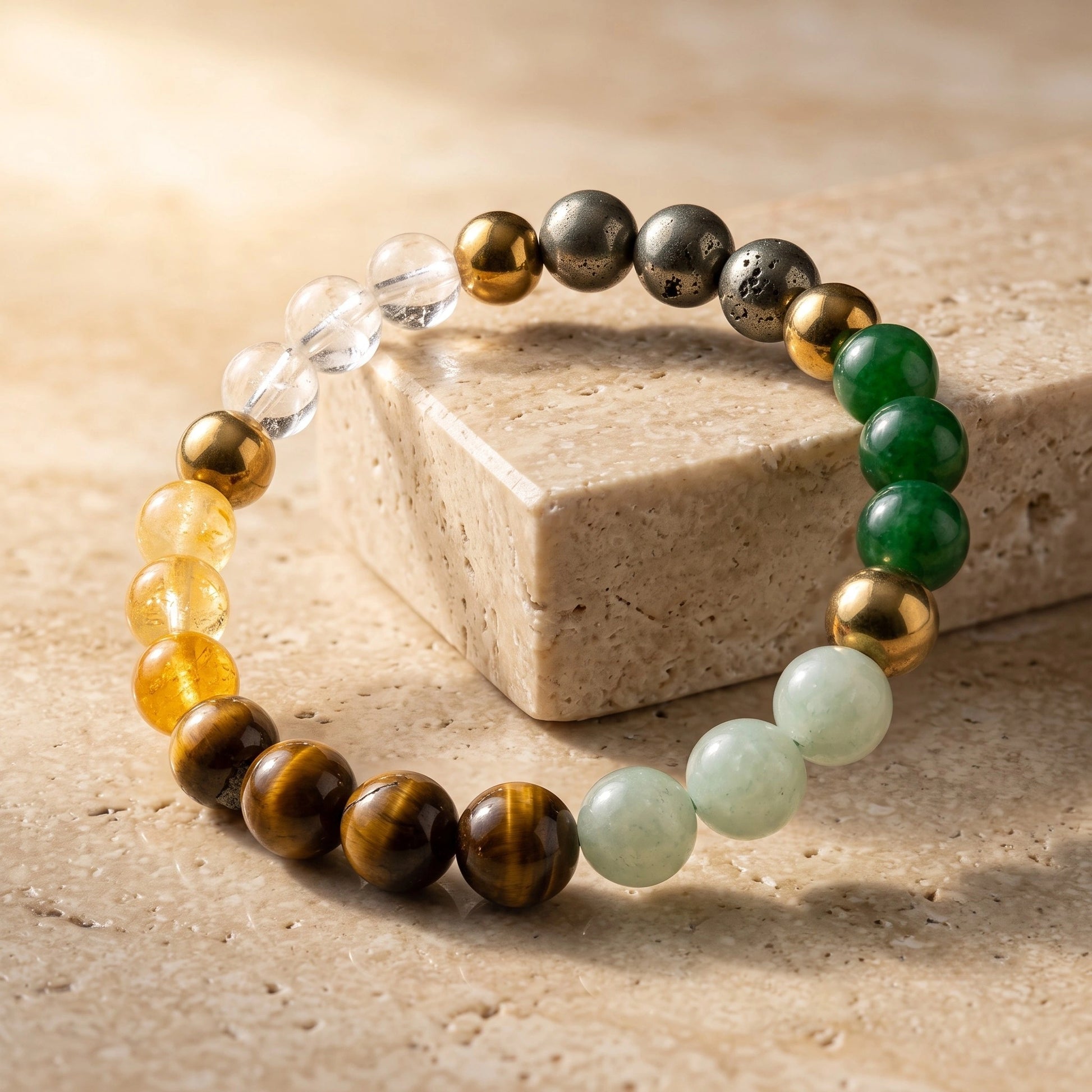 Saubhagya Dhan Yog Bracelet crafted with natural Citrine, Pyrite, Tiger Eye, Green Aventurine, Green Jade, Clear Quartz and Golden Hematite gemstones.