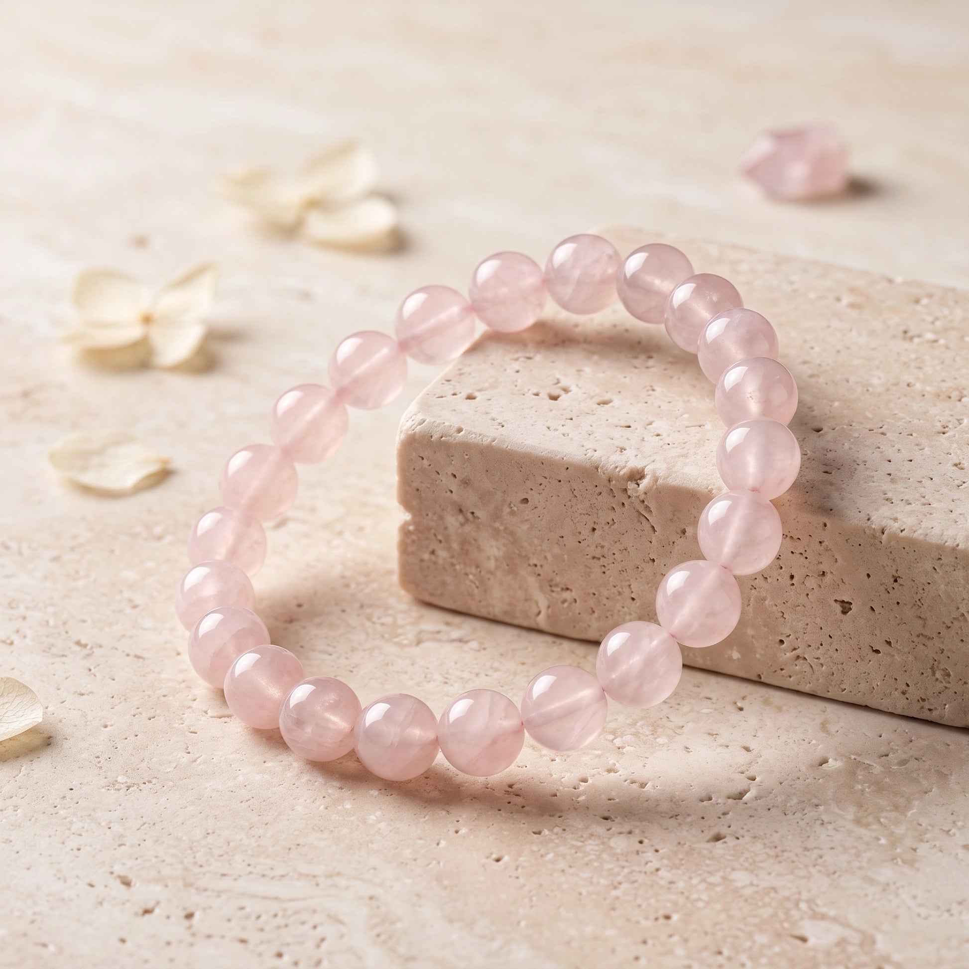 Saubhagya Natural Rose Quartz Bracelet crafted with genuine 8mm Rose Quartz gemstones on a premium travertine background.
