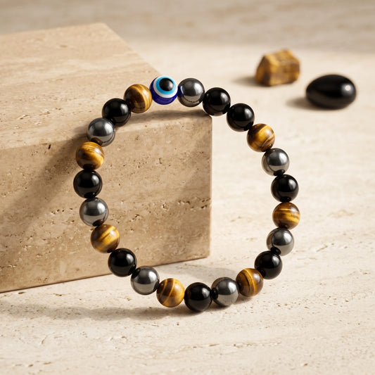 Saubhagya Triple Protection Bracelet with natural Black Onyx, Tiger Eye, Hematite and Evil Eye bead on a premium travertine background.
