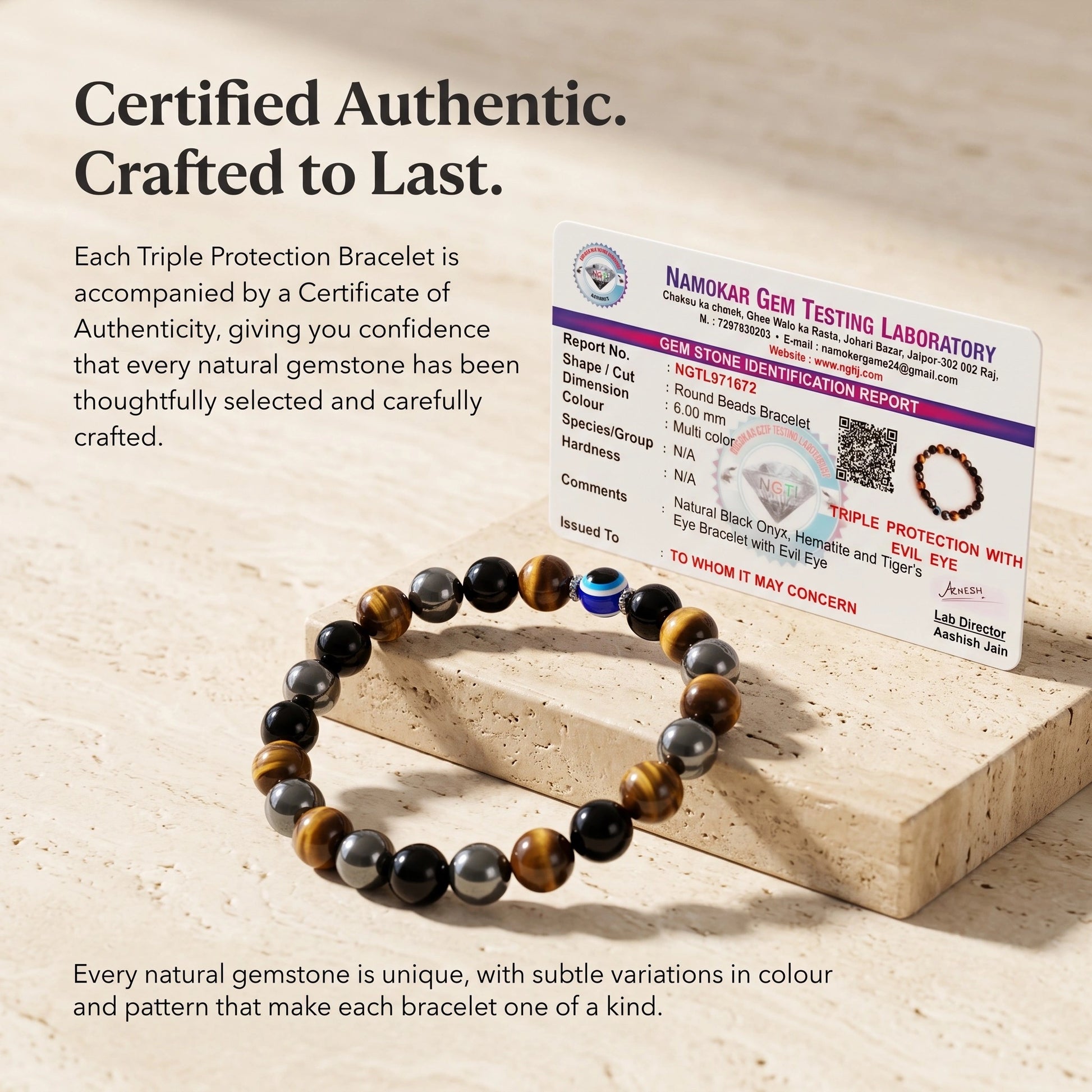 Triple Protection Bracelet displayed with its Certificate of Authenticity and premium jewellery presentation.