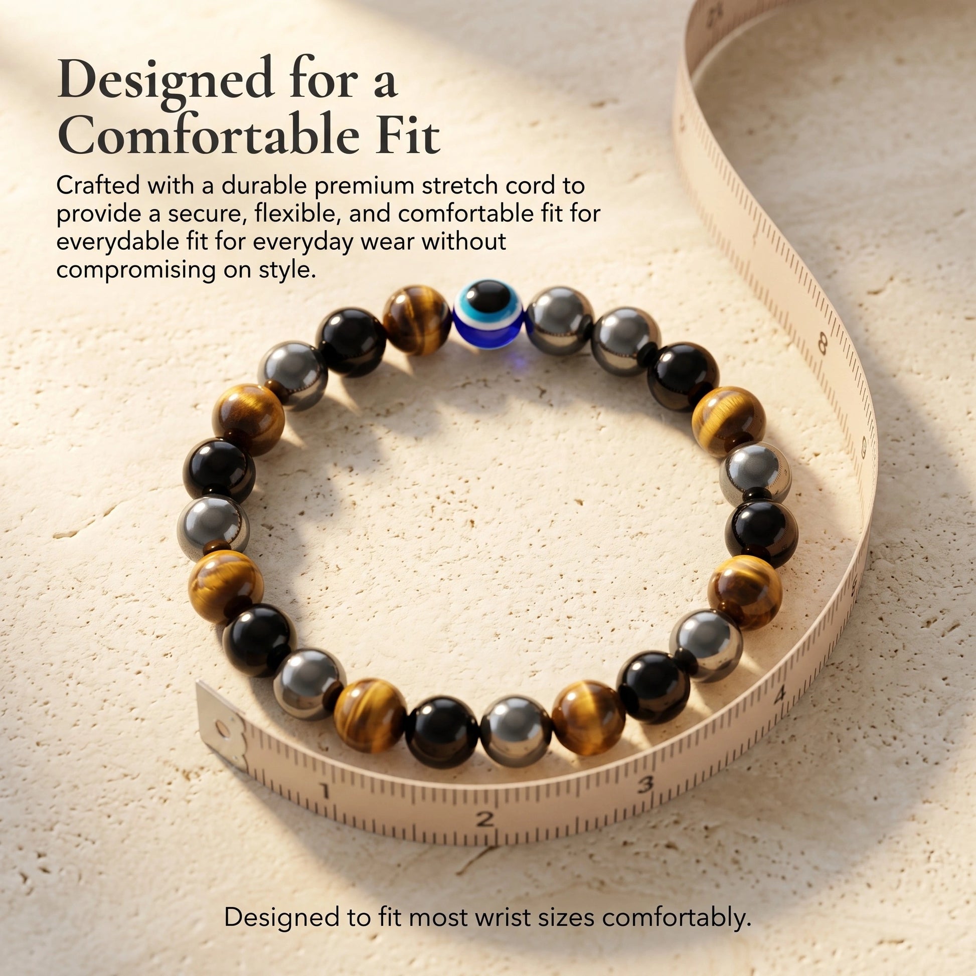 Triple Protection Bracelet designed with a durable stretch cord for a secure and comfortable everyday fit.