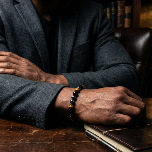 A confident man in a dark suit wearing a premium 8mm Triple Protection bracelet, resting his hand on a leather diary. The bracelet features natural Tiger's Eye, Hematite, and Black Obsidian stones for grounding, shielding, and strength.