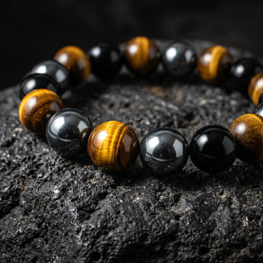 Extreme close-up of an 8mm Triple Protection gemstone bracelet resting on a dark textured rock. The high-contrast shot highlights the golden chatoyancy of natural Tiger's Eye, the metallic shine of Hematite, and the deep gloss of Black Obsidian beads.