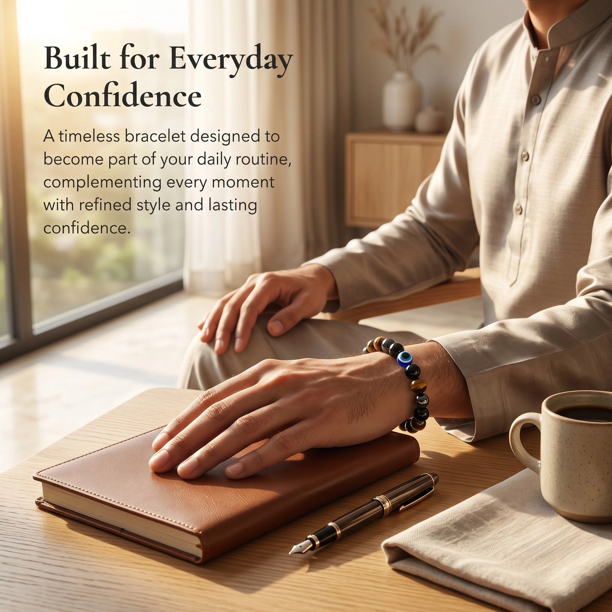 Traditional men's styling featuring the Triple Protection Bracelet with natural gemstones and Evil Eye bead.