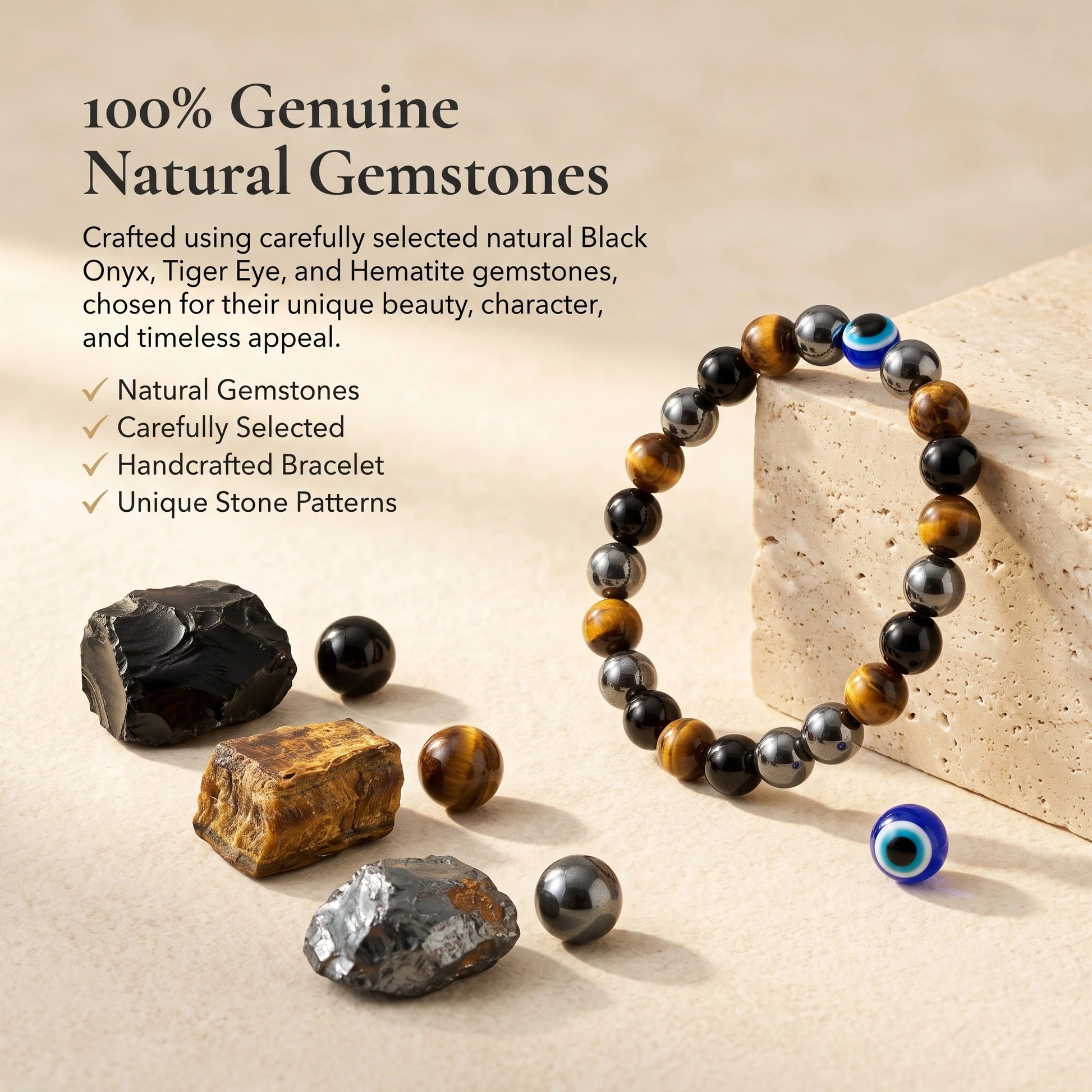 Triple Protection Bracelet crafted with genuine natural Black Onyx, Tiger Eye and Hematite gemstones with an Evil Eye bead.