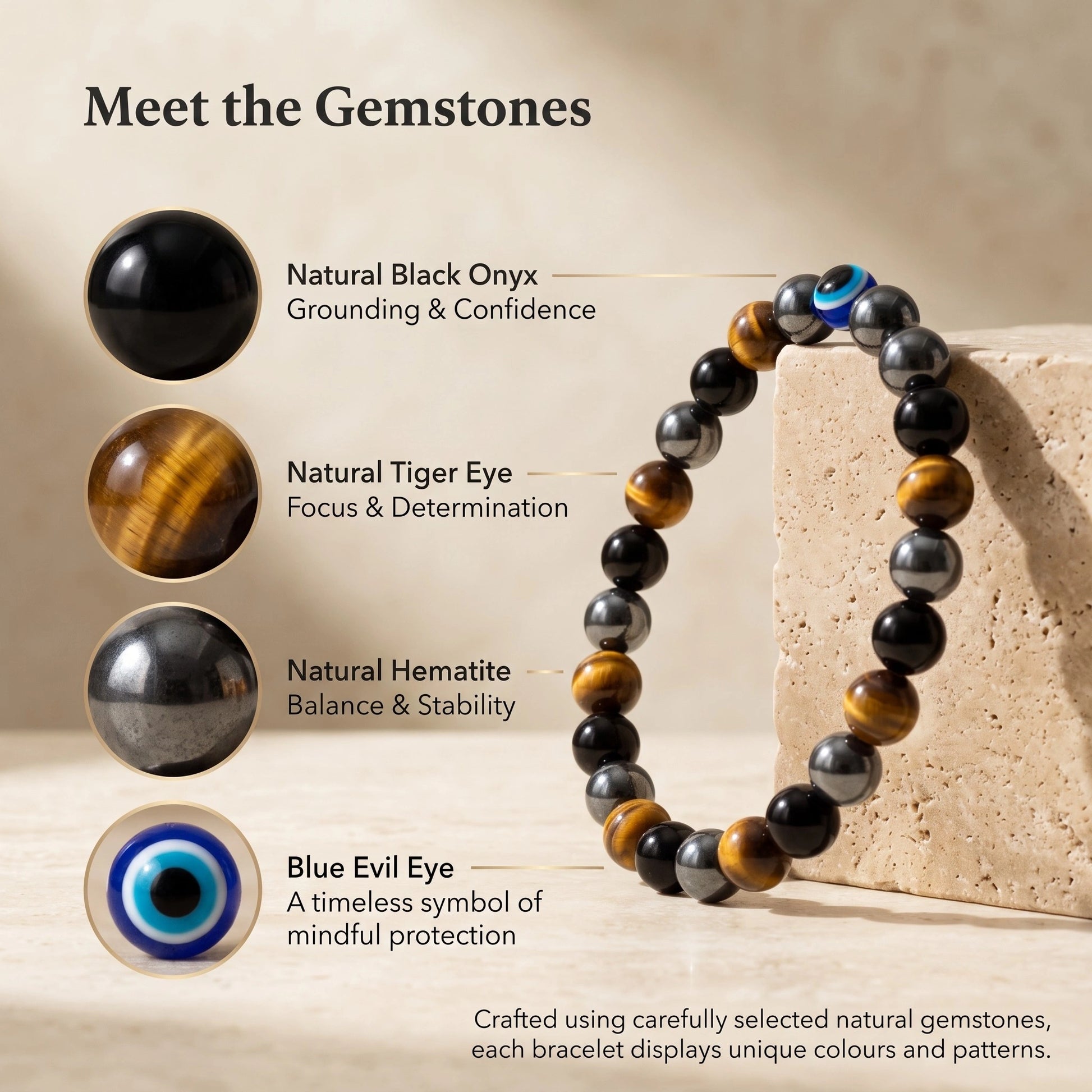 Triple Protection Bracelet featuring natural Black Onyx, Tiger Eye, Hematite and Evil Eye bead with gemstone information.