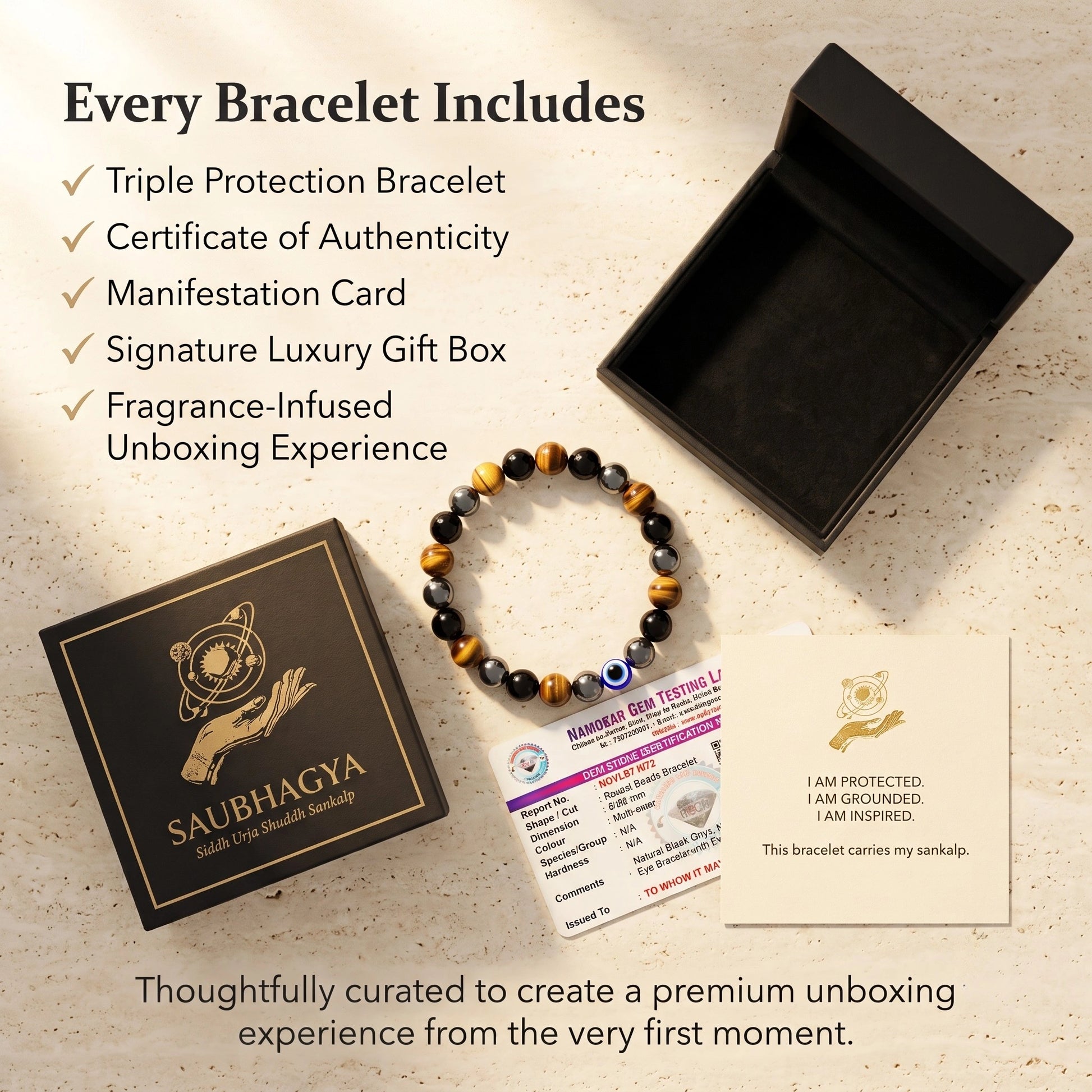 Triple Protection Bracelet with premium gift box, Certificate of Authenticity and manifestation card.