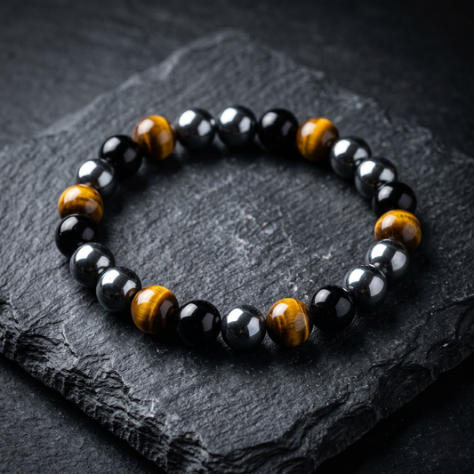 Premium 8mm Triple Protection crystal bracelet featuring Tiger's Eye, Hematite, and Black Obsidian stone beads for grounding and shielding, resting on a dark slate background.