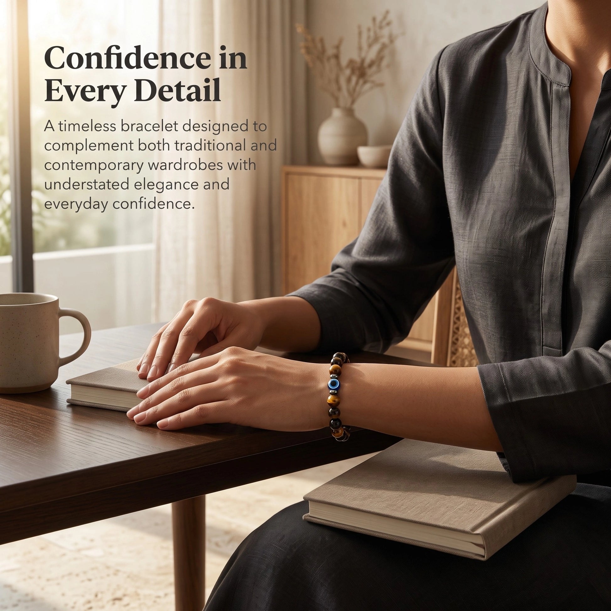 Traditional women's styling featuring the Triple Protection Bracelet with natural gemstones and Evil Eye bead.