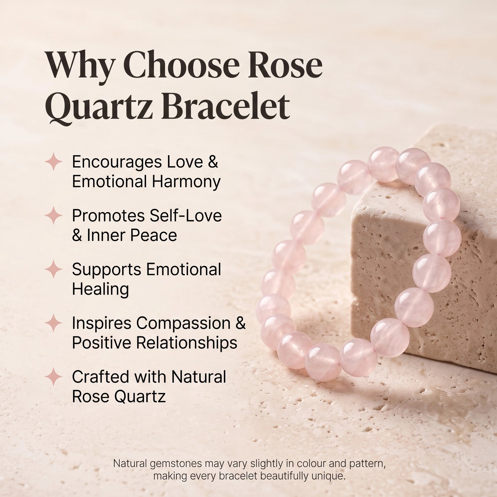 Rose Quartz Bracelet benefits featuring natural Rose Quartz gemstones for self-love, inner peace and everyday elegance.