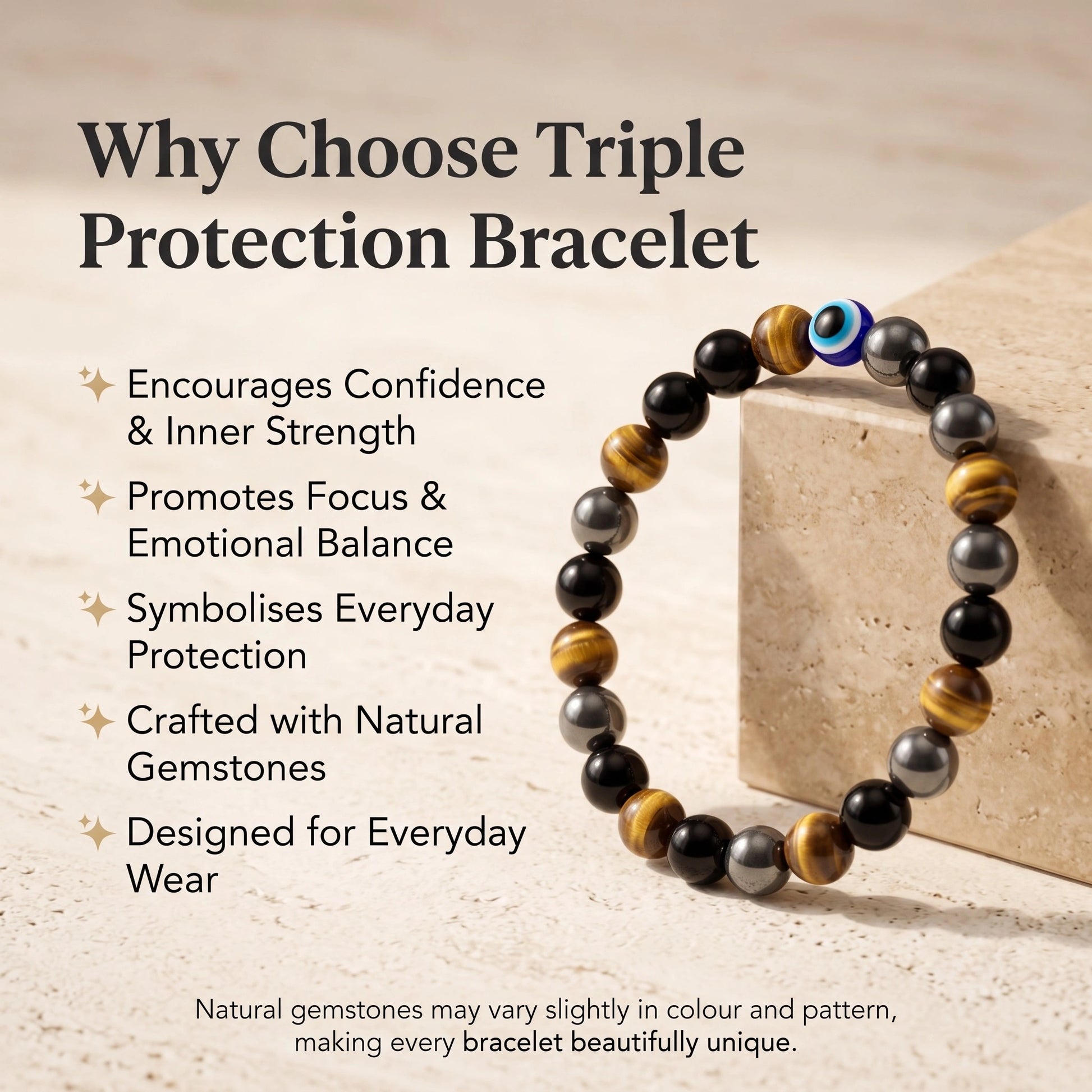 Triple Protection Bracelet benefits featuring natural Black Onyx, Tiger Eye, Hematite and Evil Eye bead for confidence, balance and everyday wear.